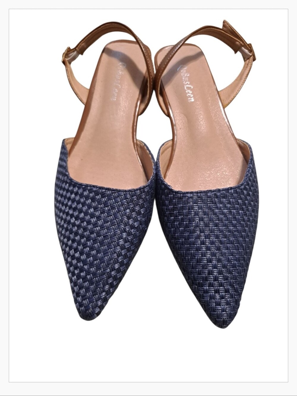Pointed Woven Slingback Flats in Navy with Brown Strap